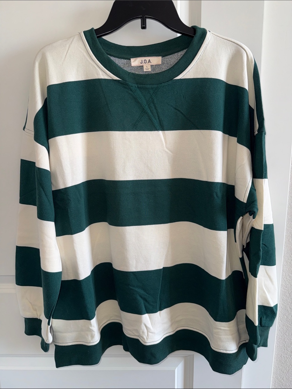 J.O.A. Women's Dark Green and White Striped Crewneck Sweater